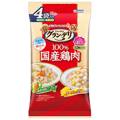 ユニ・チャーム グラン・デリ 100％国産鶏肉 パウチ ほぐし 13歳以上用 緑黄色野菜入り×チーズ入り 80g×4袋入り(1ケース16袋)