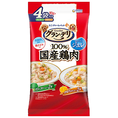 ユニ・チャーム グラン・デリ 100％国産鶏肉 パウチ ジュレ 成犬用 バラエティ ブロッコリー入り×かぼちゃ入り 80g×4袋入り(1ケース16袋)