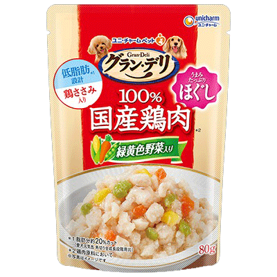 ユニ・チャーム グラン・デリ 100％国産鶏肉 パウチ ほぐし 成犬用 緑黄色野菜入り 80g×60袋