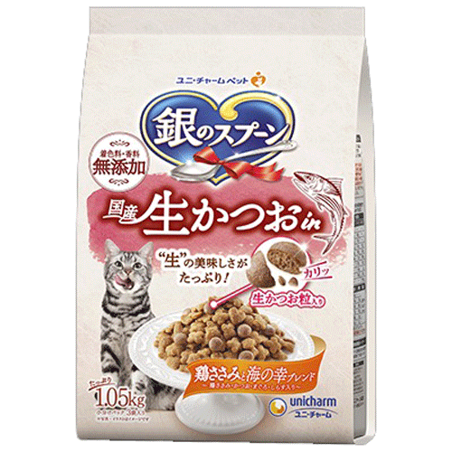 ユニ・チャーム 銀のスプーン 国産生かつおin 鶏ささみと海の幸ブレンド 1.05kg(小分けパック3袋)×8袋