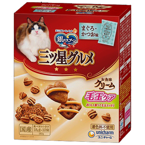 ユニ・チャーム 銀のスプーン 三ツ星グルメ お魚味クリーム 毛玉ケア まぐろ・かつお味 180g(18g×10袋)×12箱