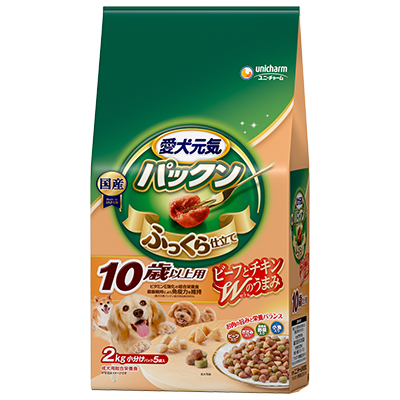 ユニ・チャーム 愛犬元気 パックン 10歳以上用 ビーフ・ささみ・緑黄色野菜・小魚入り 2kg(小分けパック5袋)×4袋