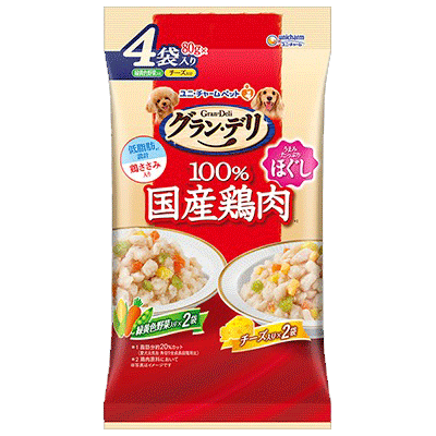 ユニ・チャーム グラン・デリ 100％国産鶏肉 パウチ ほぐし 成犬用 緑黄色野菜入り×チーズ入り 80g×4袋入り(1ケース16袋)
