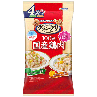 ユニ・チャーム グラン・デリ 100％国産鶏肉 パウチ ほぐし 成犬用 ブロッコリー入り×かぼちゃ入り 80g×4袋入り(1ケース16袋)