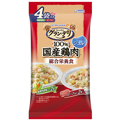 ユニ・チャーム グラン・デリ 100％国産鶏肉 総合栄養食 パウチ ジュレ 成犬用 緑黄色野菜入り×ビーフ入り 65g×4袋入り(1ケース20袋)